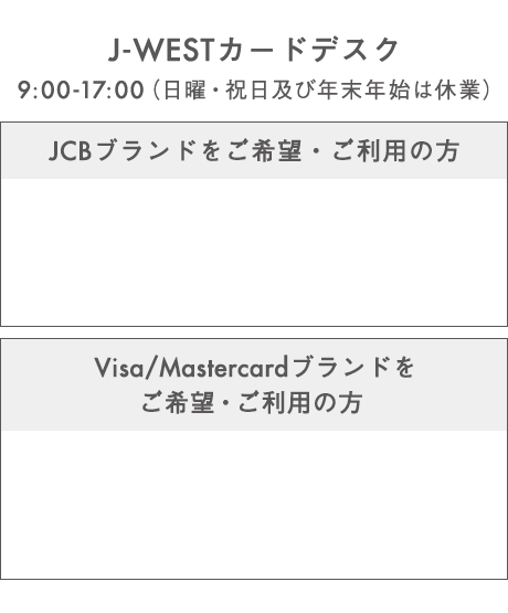 J-WESTカードデスク 9:00-17:00（日曜・祝日及び年末年始は休業）JCBブランドをご希望・ご利用の方 大阪→06-6947-7730　福岡→092-712-5570 Visa/Mastercardブランドをご希望・ご利用の方 大阪→06-6569-6665　福岡→092-273-2377